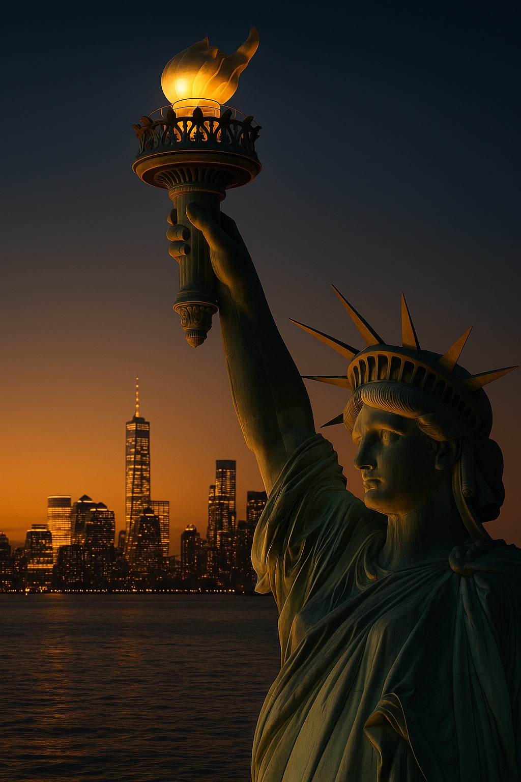 The Statue of Liberty's torch held aloft over a city skyline at dusk