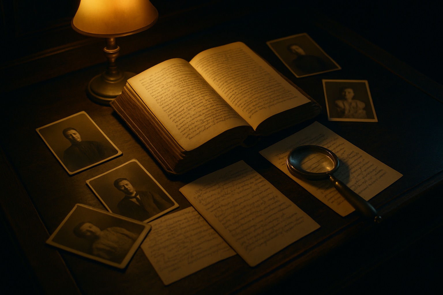Open family record book with vintage photographs and letters