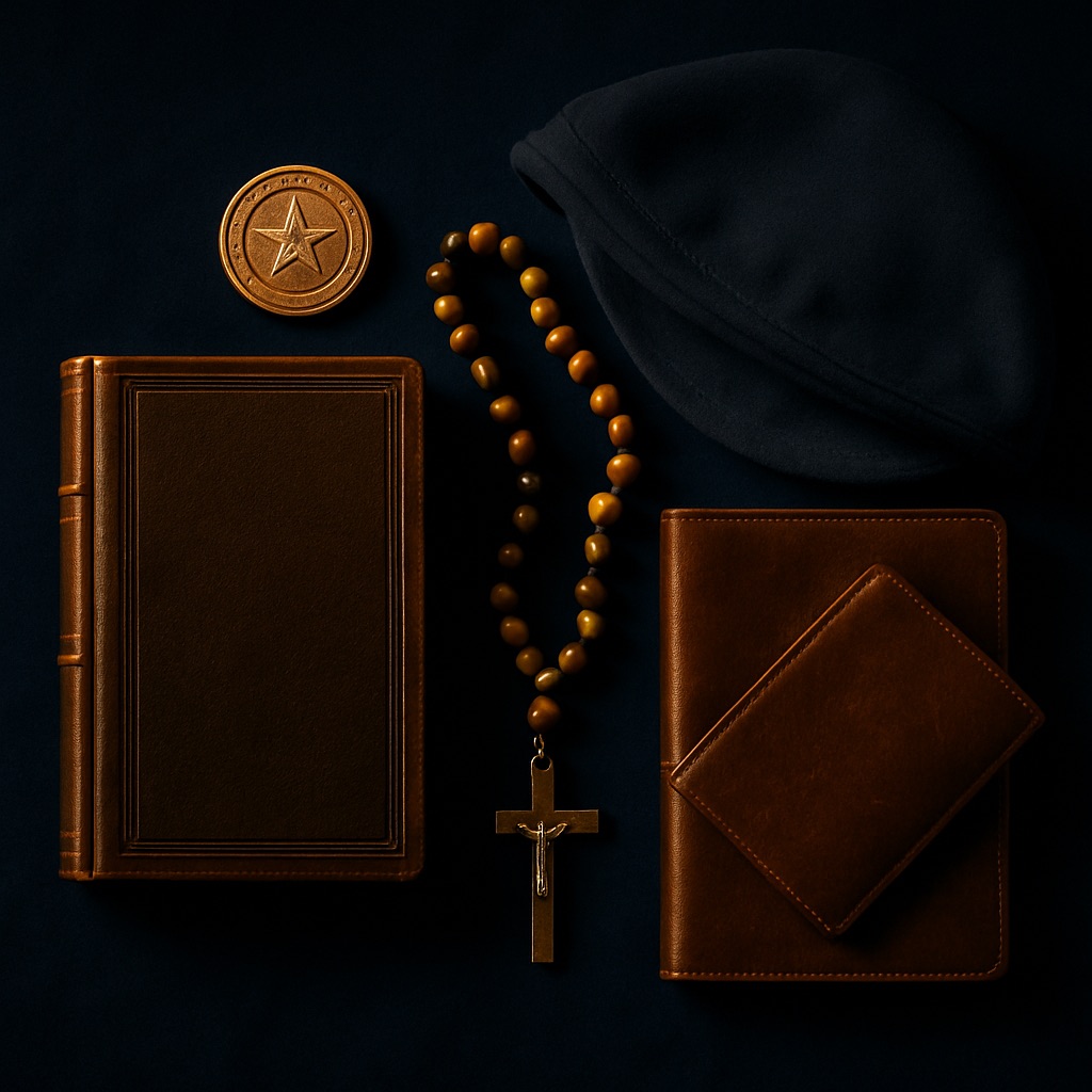 Flat-lay of a leather book, challenge coin, rosary, cap, and journal